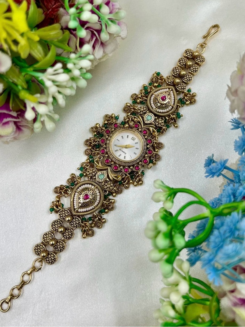 Antique Gold-Tone Floral Stone Bracelet Watch with Pink & Green Accents